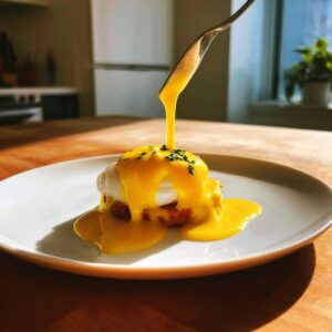 A spoonful of bright yellow hollandaise sauce is being poured over a poached egg on an English muffin, creating Eggs Benedict.