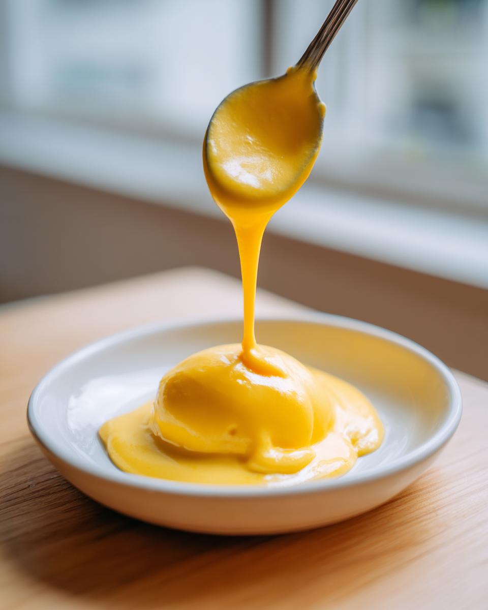 A spoonful of rich, bright yellow hollandaise sauce is being drizzled onto a small mound of the same hollandaise sauce in a white bowl.