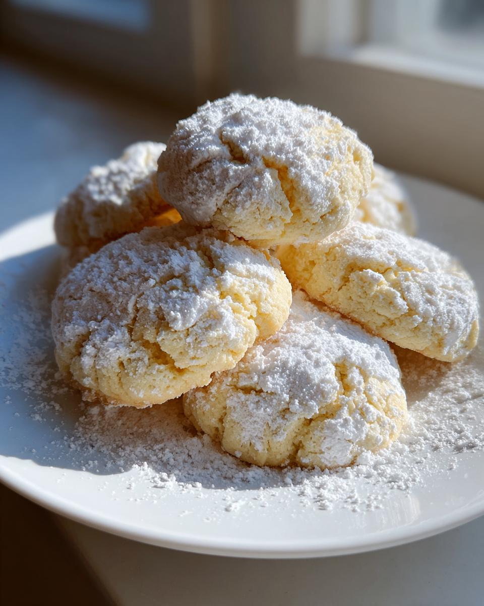 A stack of soft, pale yellow cool whip cookies heavily dusted with powdered sugar on a white plate.