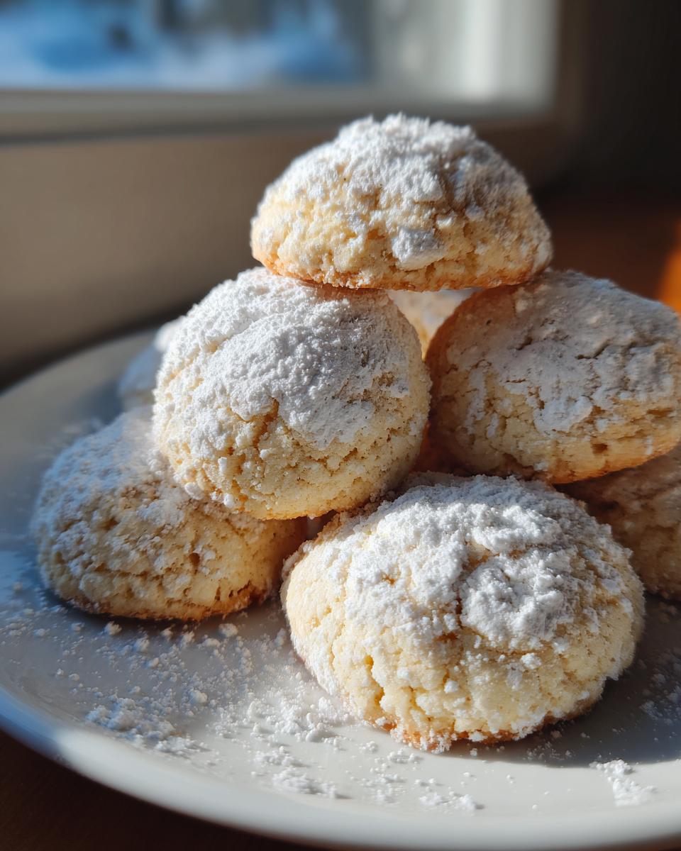 A stack of freshly baked, round cool whip cookies heavily dusted with powdered sugar on a white plate.