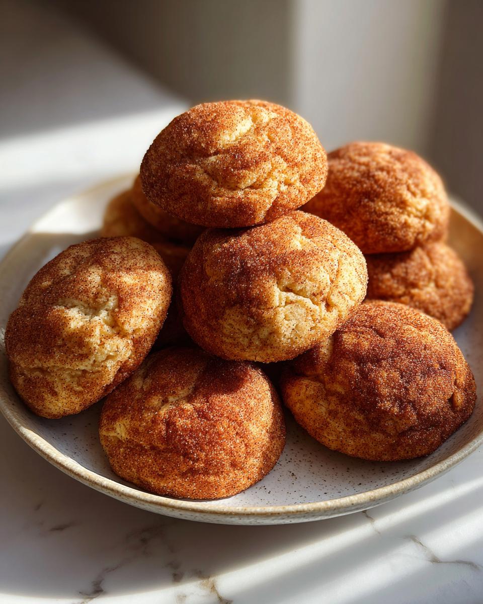 A stack of freshly baked, soft snickerdoodle cookies coated heavily in cinnamon sugar, resting on a speckled plate.