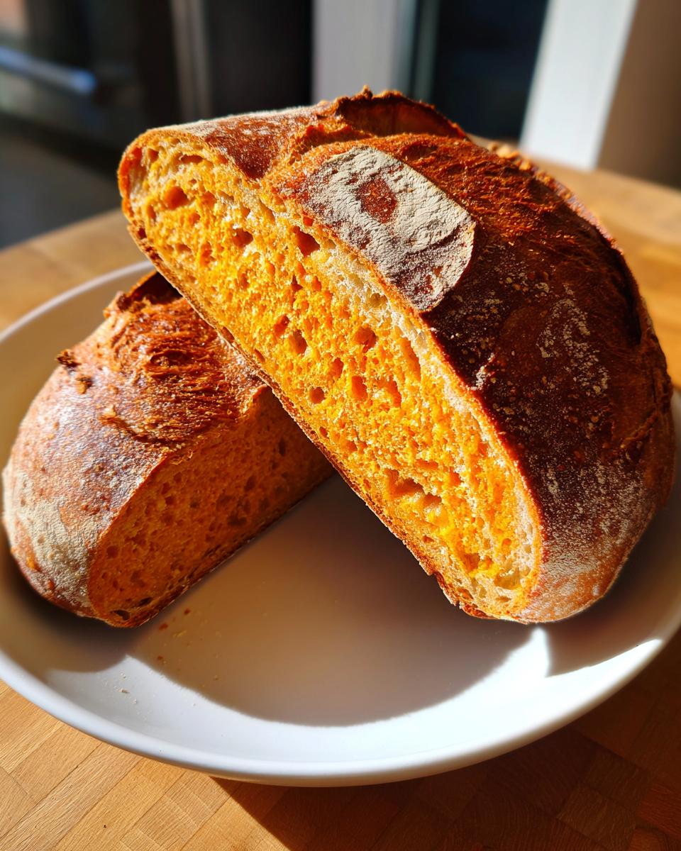 Close-up of a freshly baked pumpkin sourdough loaf cut in half, showing the vibrant orange crumb structure.
