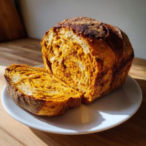 A loaf of pumpkin sourdough bread, partially sliced, revealing a vibrant orange, swirled interior texture.