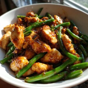 Close-up of tender chicken pieces coated in a dark, glossy sauce mixed with bright green beans, ready to eat chicken and green beans.