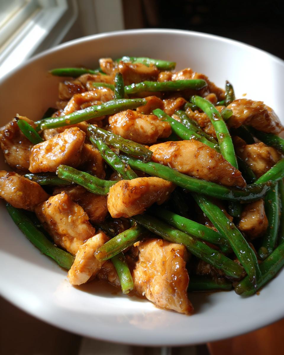 Close-up of savory glazed chicken and bright green beans, a perfect chicken and green beans dish.