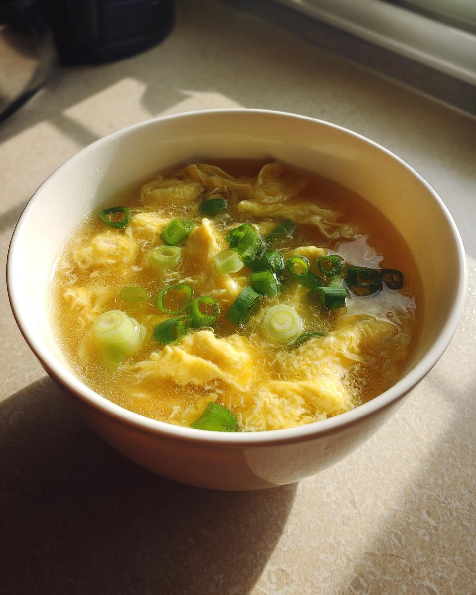 A white bowl filled with hot egg drop soup featuring ribbons of cooked egg and topped with fresh green scallions.