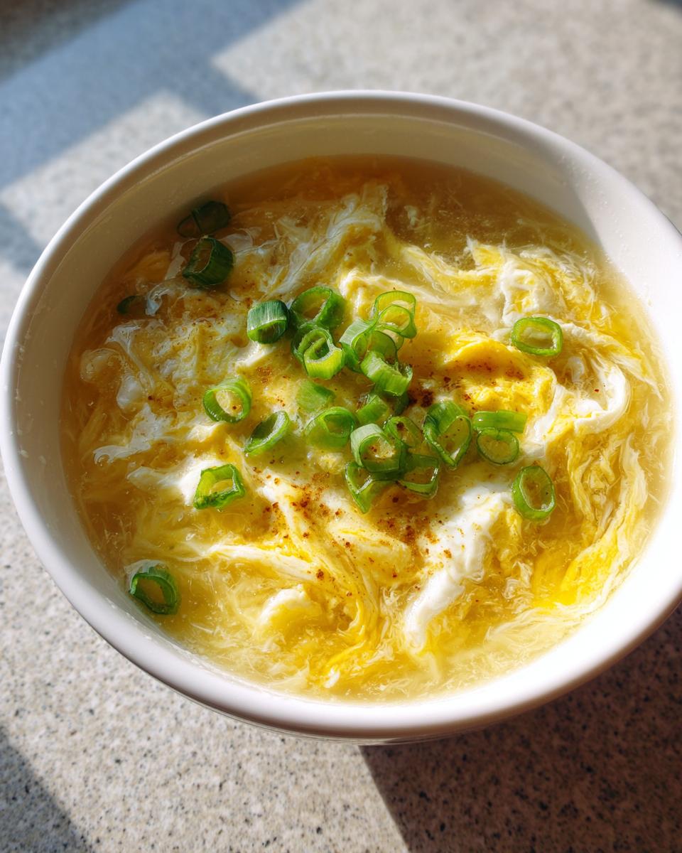 Close-up of a white bowl filled with hot egg drop soup, featuring wispy egg ribbons and topped with fresh green scallions.