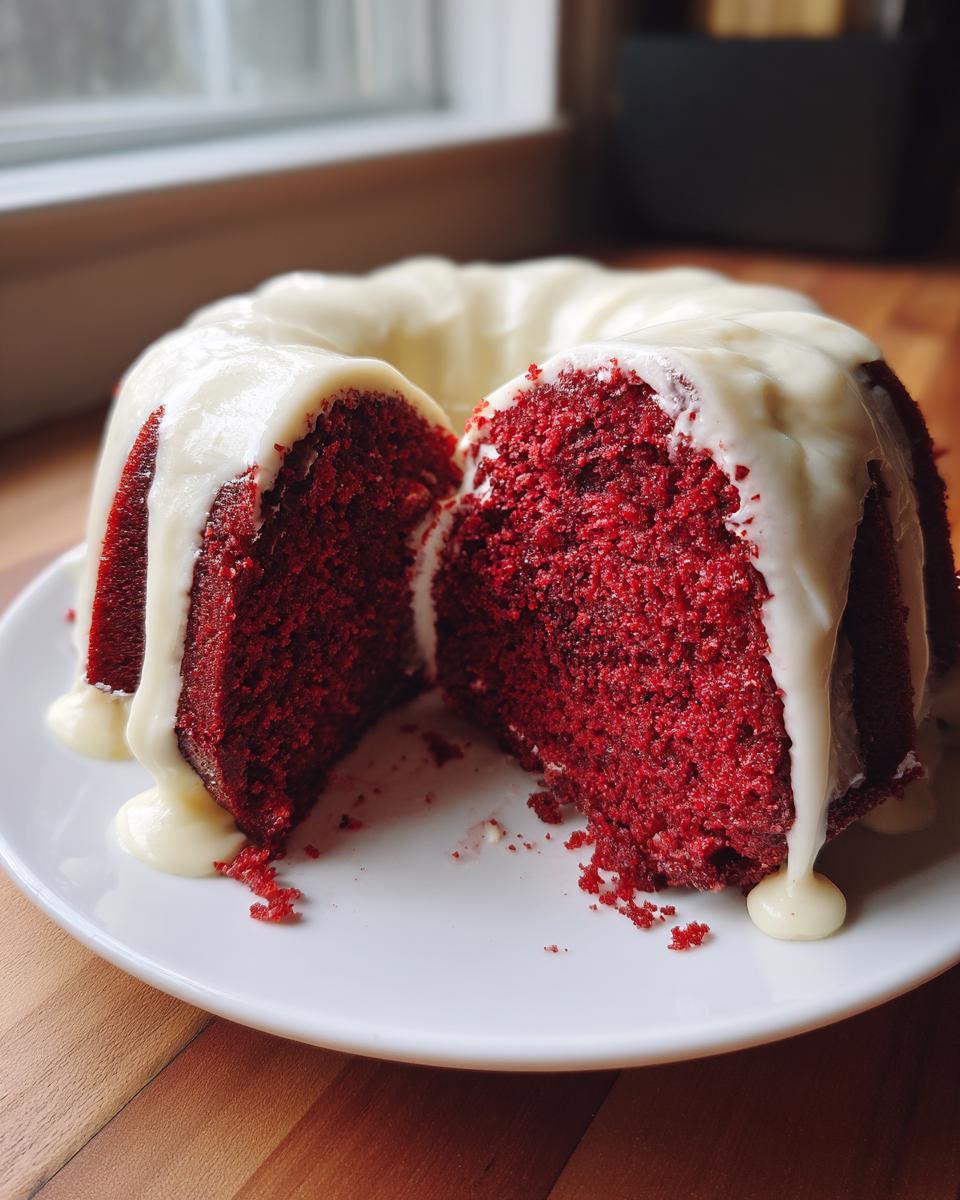 A rich, deep red velvet bundt cake cut in half, generously topped with dripping white cream cheese glaze.