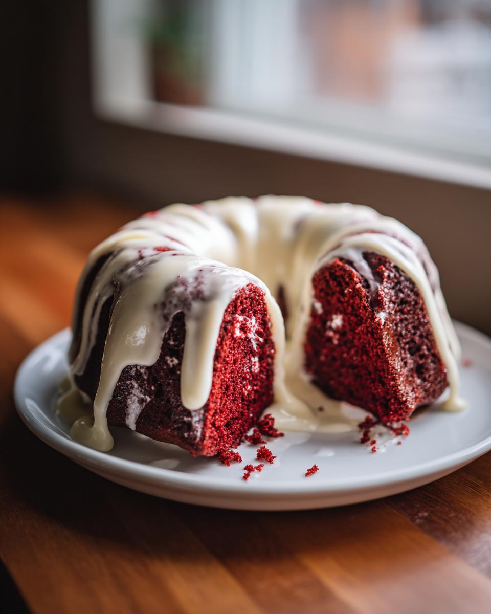 A slice cut from a vibrant red velvet bundt cake covered in thick white glaze, sitting on a white plate.
