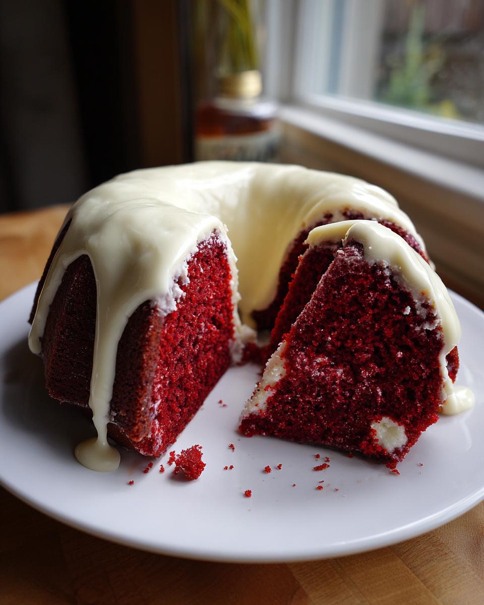 A vibrant red velvet bundt cake, partially sliced and drizzled generously with white cream cheese glaze.
