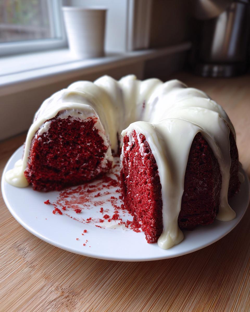 A slice removed from a vibrant red velvet bundt cake topped with thick white cream cheese glaze.