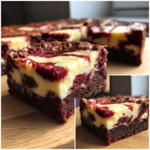 A close-up, layered cross-section of a rich red velvet cheesecake brownies square on a wooden board.
