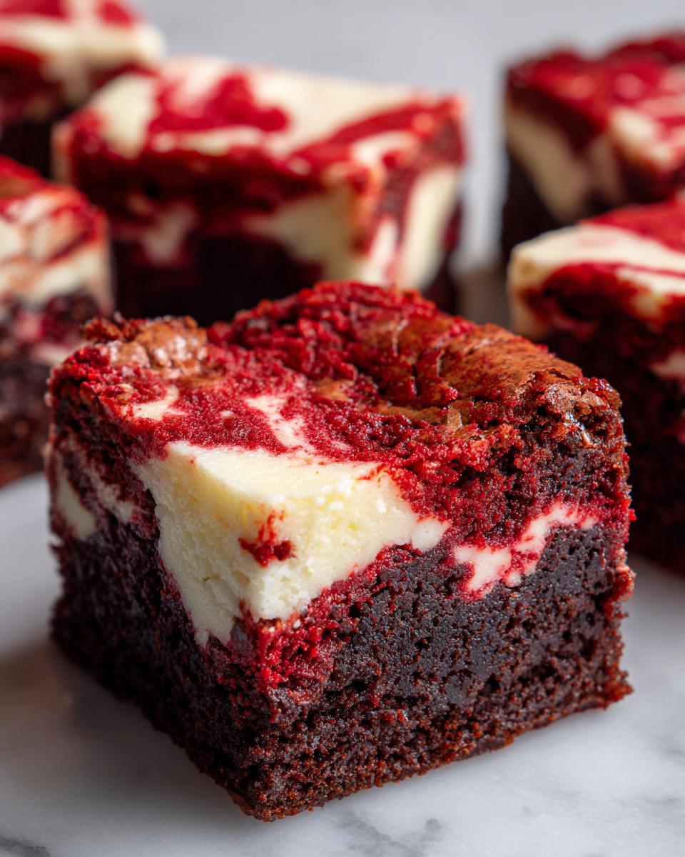 A close-up, rich shot of a single red velvet cheesecake brownies square showing the dark chocolate base and marbled red and cream cheese topping.