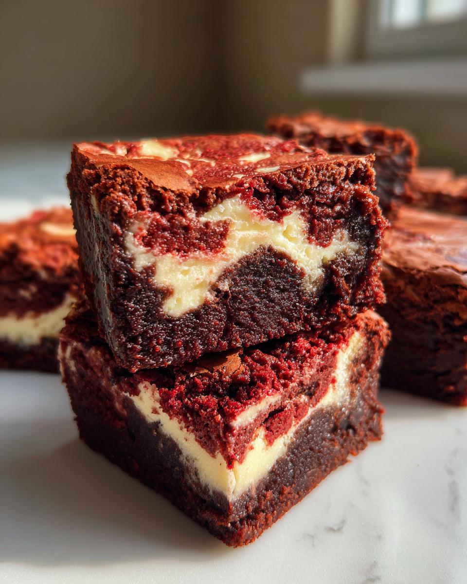 Two stacked squares of rich red velvet cheesecake brownies showing the marbled red and cream cheese layers.
