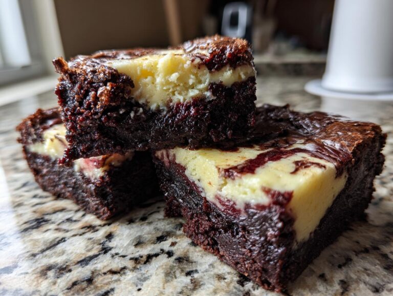 Three decadent red velvet cheesecake brownies stacked on a marbled counter, showing the dark brownie base and creamy cheesecake swirl.