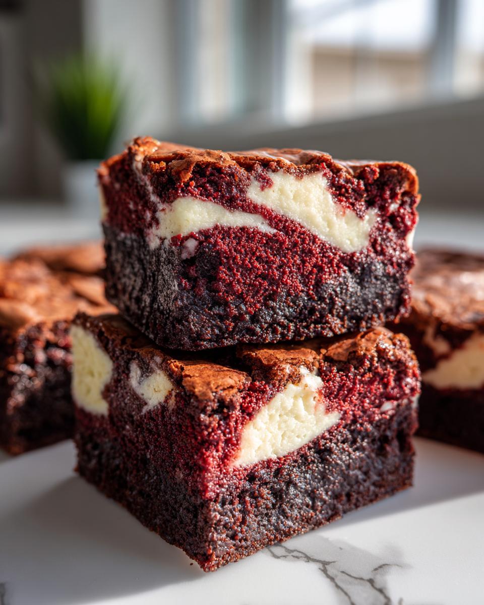 Two stacked squares of rich red velvet cheesecake brownies showing the dark chocolate base and bright cream cheese swirl.
