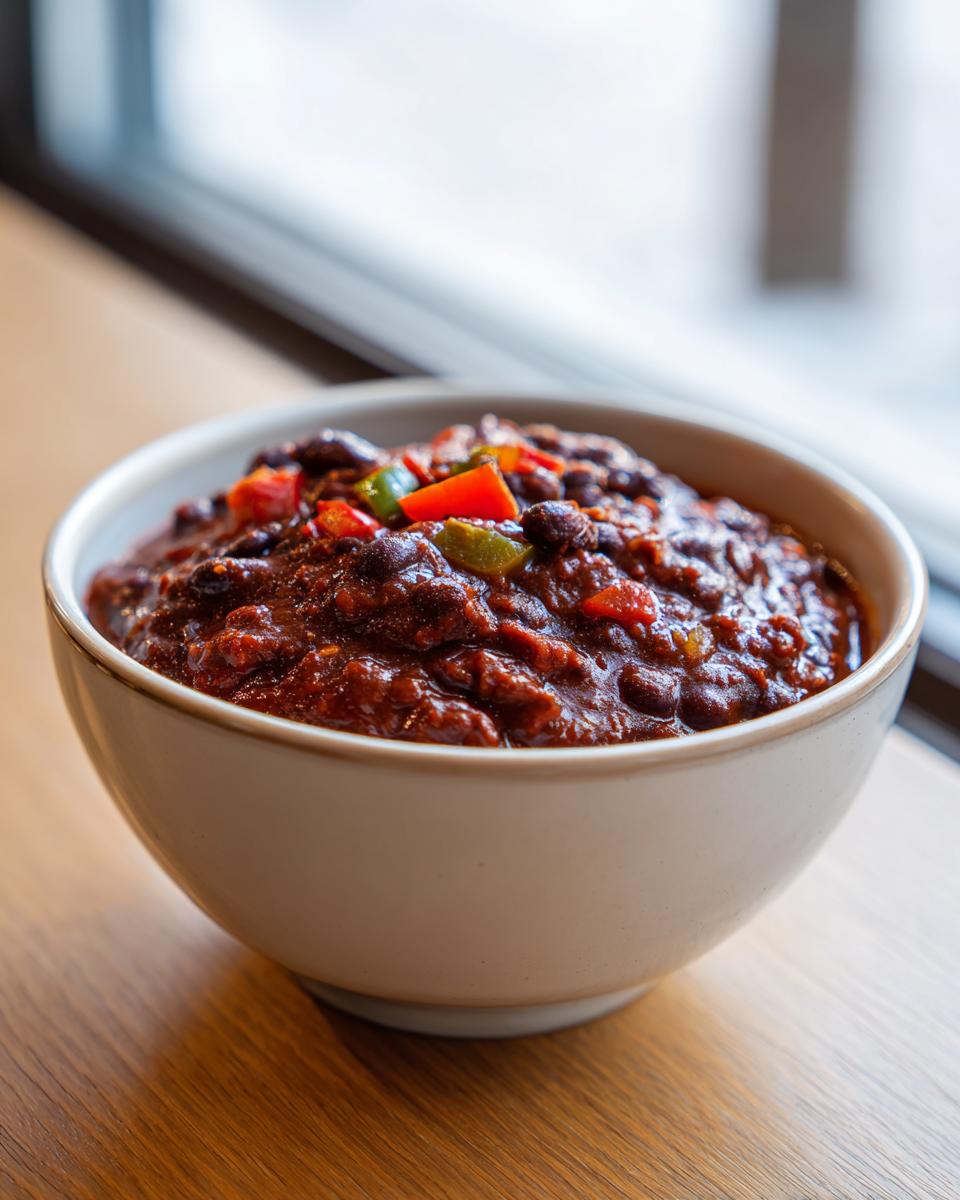 A close-up of a hearty bowl of rich black bean chili topped with diced red and green peppers.