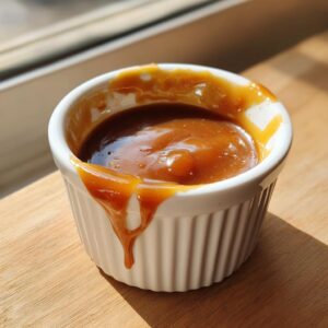 A small white ramekin filled with thick, glossy homemade caramel sauce, dripping down the side.
