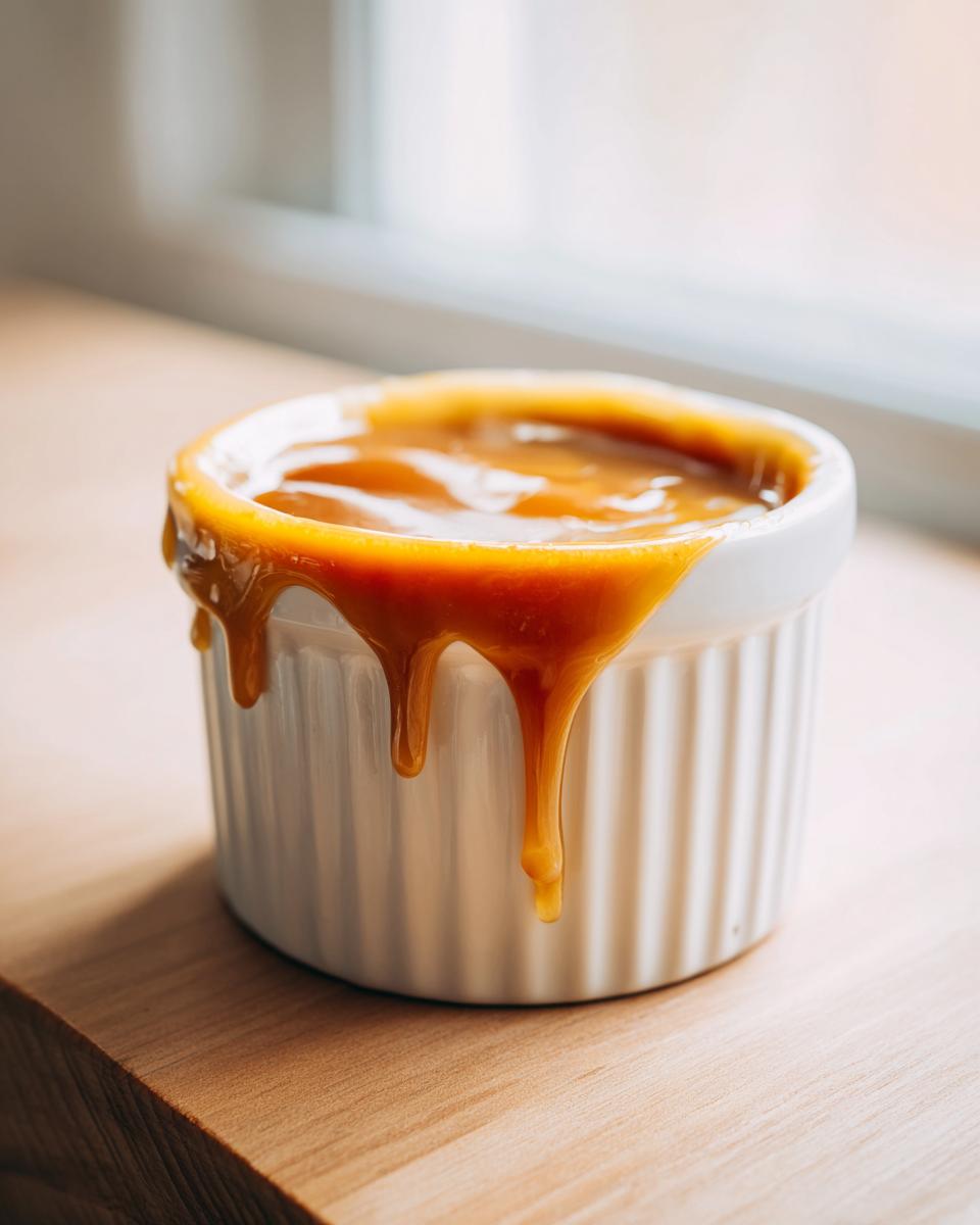 Close-up of thick, rich caramel sauce overflowing and dripping down the sides of a small white ramekin.