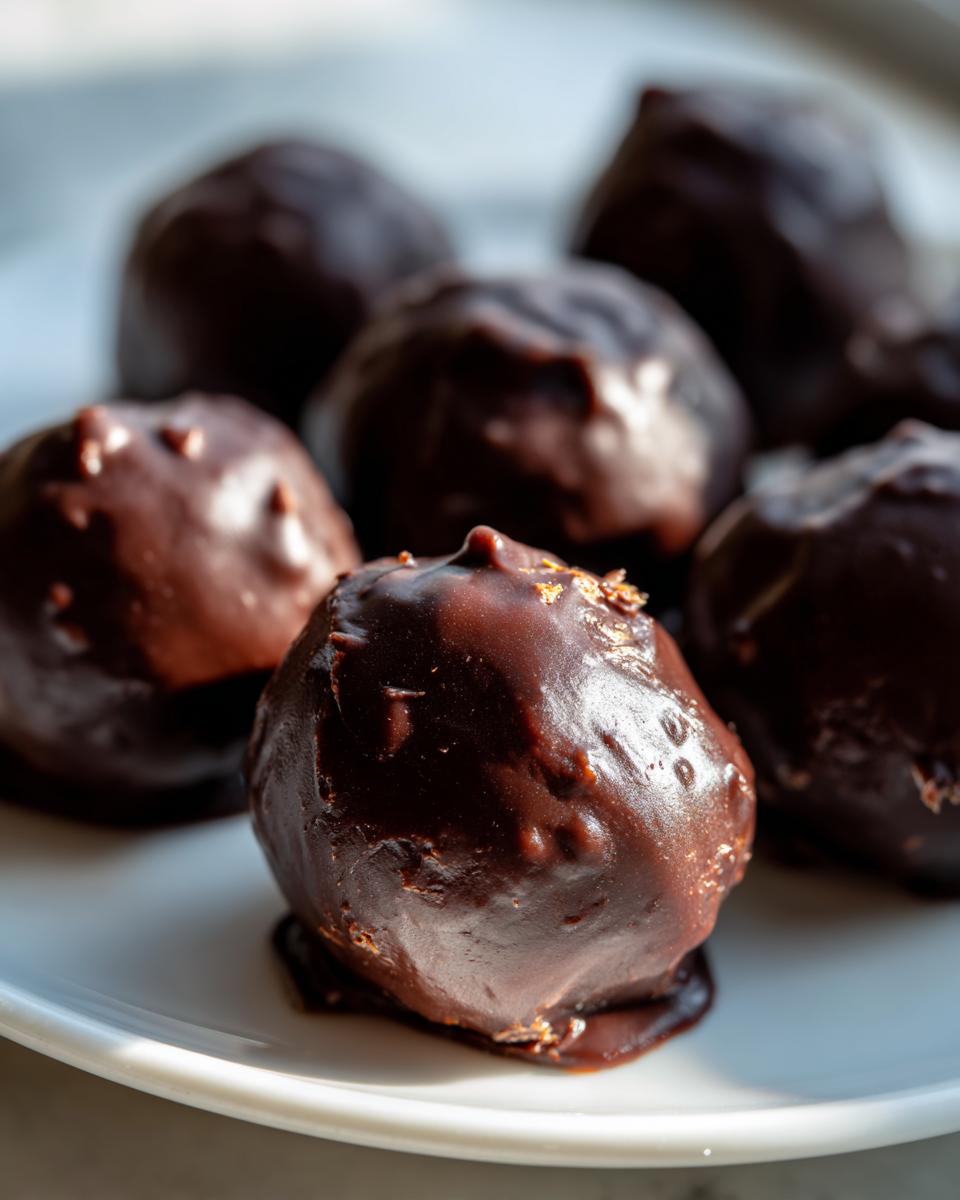 A close-up of several rich, dark chocolate-covered almond joy truffles resting on a white plate.