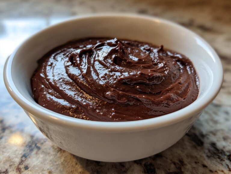 A close-up of a white bowl filled with thick, glossy, dark brown chocolate dip.