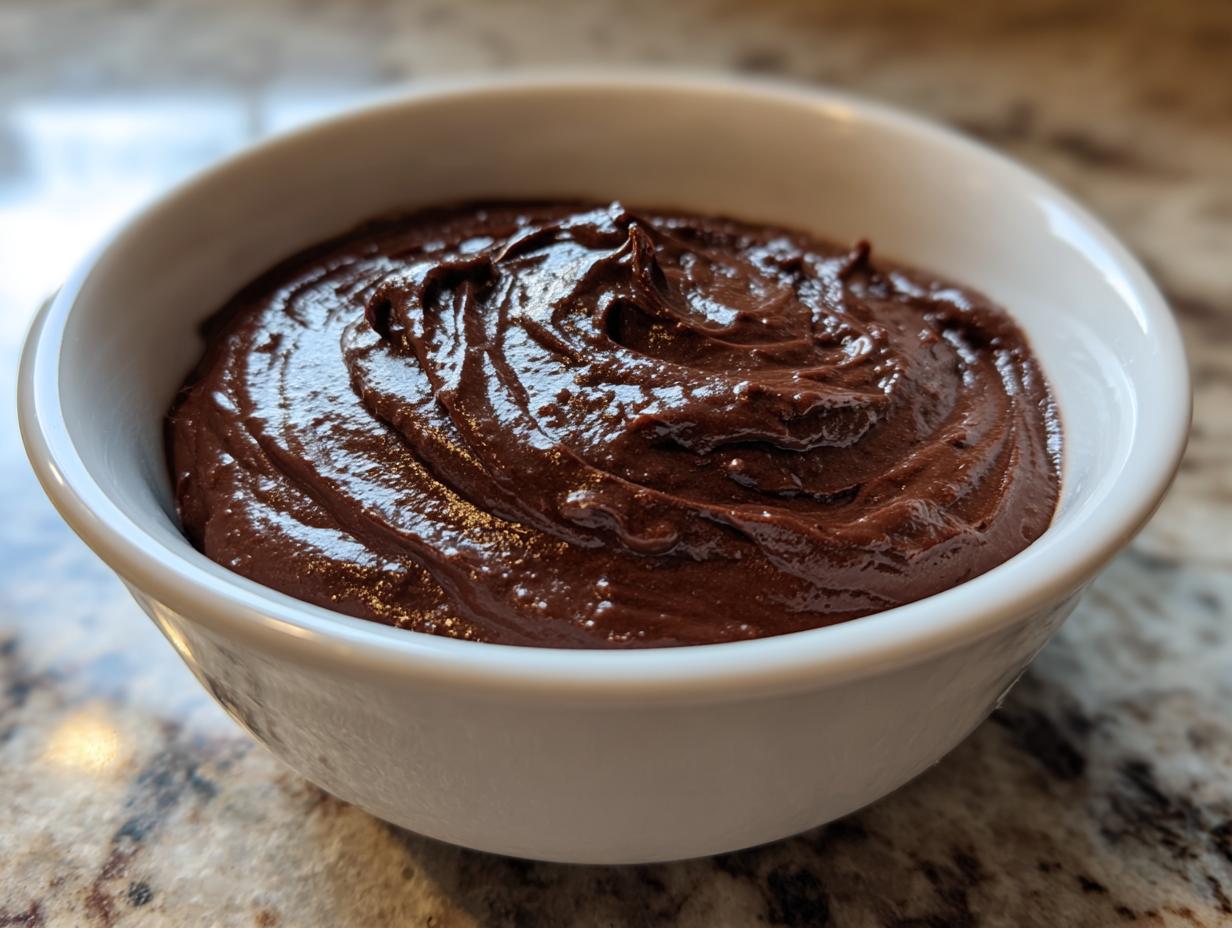 A close-up of a white bowl filled with thick, glossy, dark brown chocolate dip.