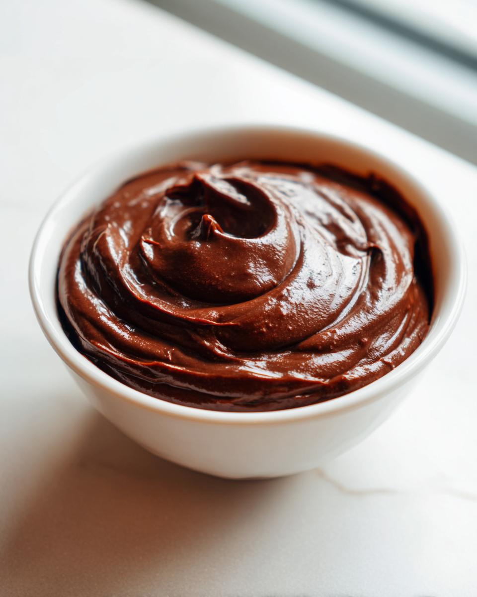 A close-up of thick, glossy, dark brown chocolate dip swirled beautifully in a small white bowl.