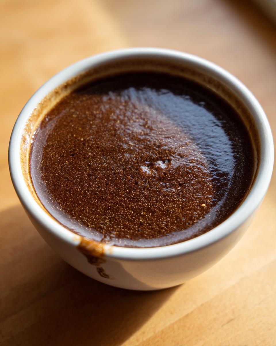 Close-up of rich, dark homemade brown gravy with a slight sheen in a small white bowl.