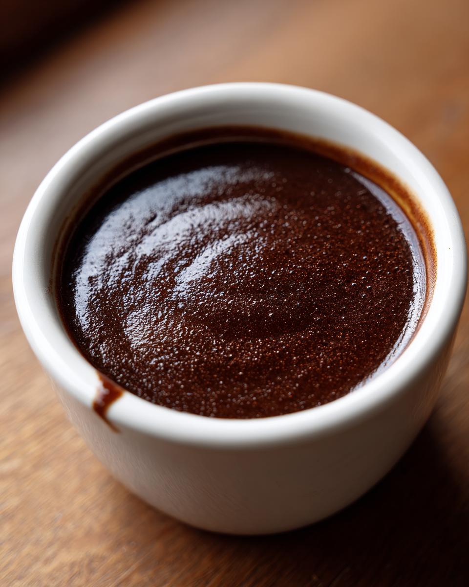 Close-up of rich, dark homemade brown gravy filling a small white cup on a wooden surface.