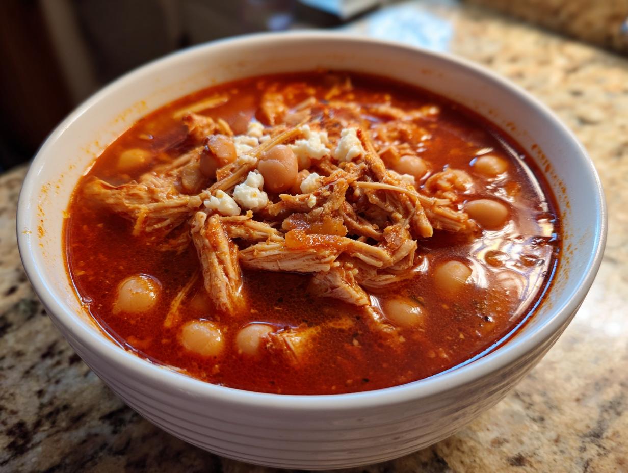 Close-up of a white bowl filled with rich red chicken pozole, featuring shredded chicken, hominy, and crumbled white cheese.