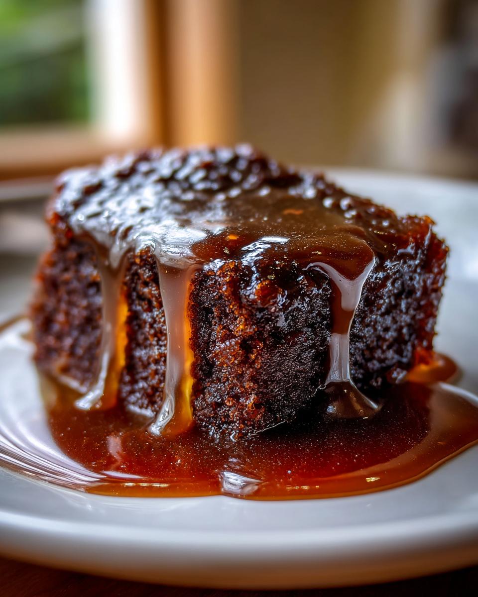 Close-up of a moist, dark slice of sticky toffee pudding recipe drenched in thick, glossy toffee sauce.