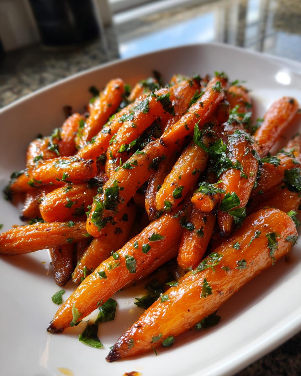 A close-up of shiny, glazed roasted baby carrots topped with fresh chopped parsley served on a white platter.