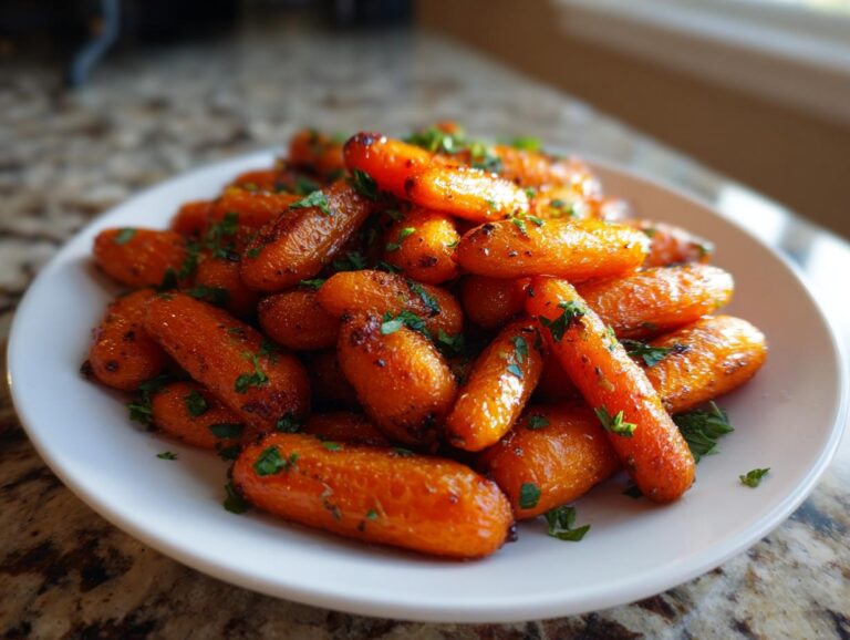 A white plate piled high with glossy, caramelized roasted baby carrots, garnished with fresh chopped parsley.