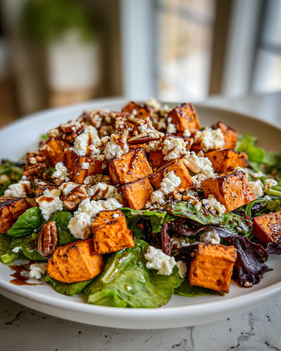 Close-up of a vibrant sweet potato salad featuring roasted orange sweet potato cubes, crumbled white cheese, and pecans over mixed greens.