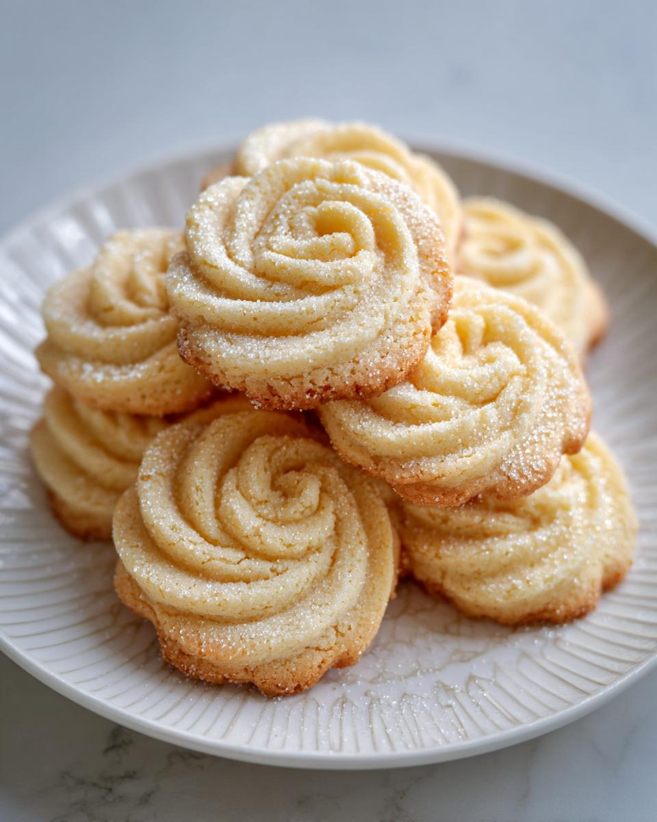 A stack of golden, piped butter cookie treats dusted with sparkling sugar on a white plate.