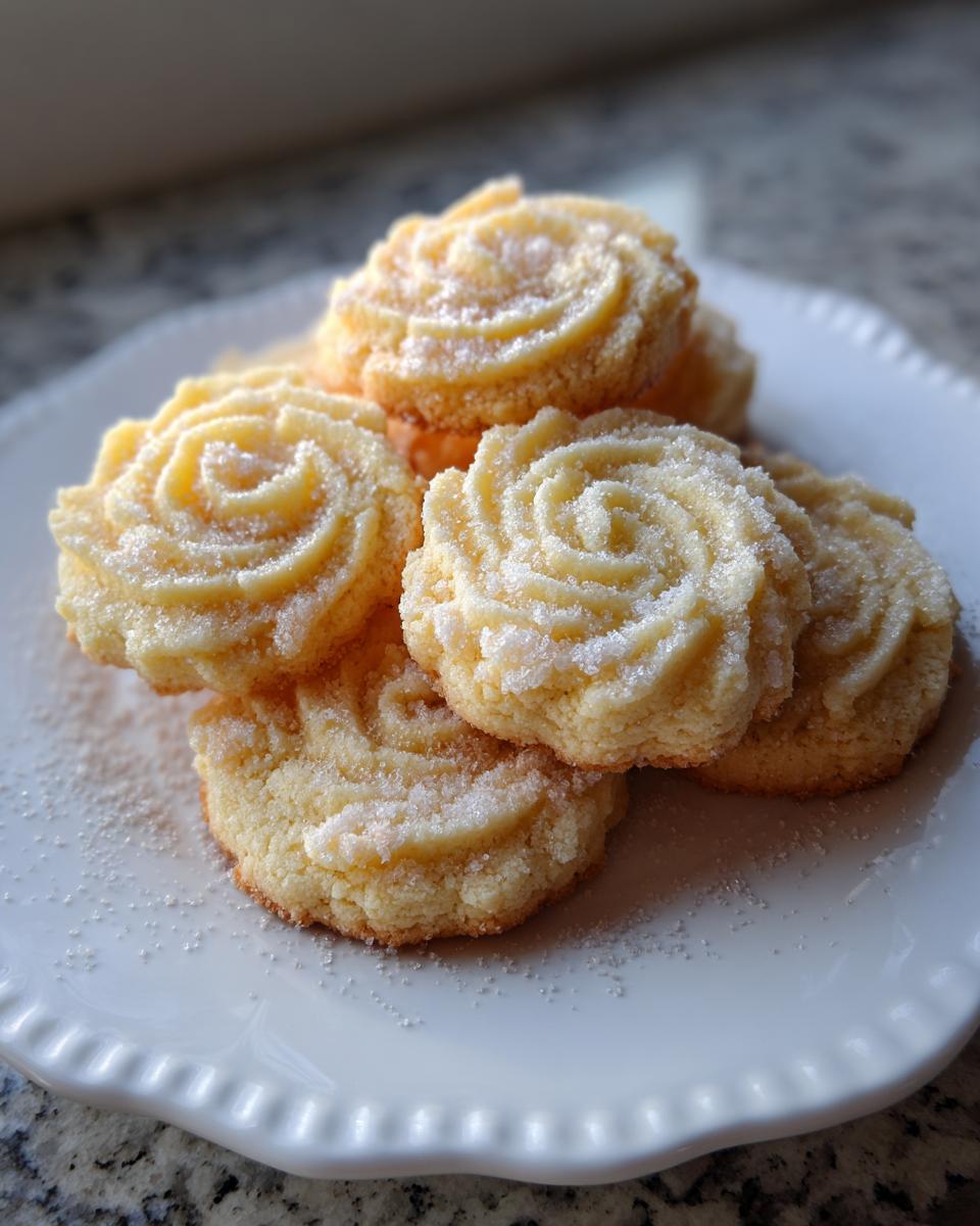 A stack of freshly baked, golden butter cookie treats piped into a rose shape and dusted with coarse sugar.