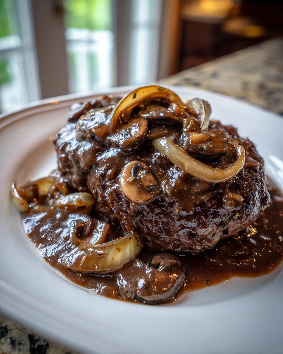 Close-up of a juicy salisbury steak smothered in dark mushroom and onion gravy on a white plate.