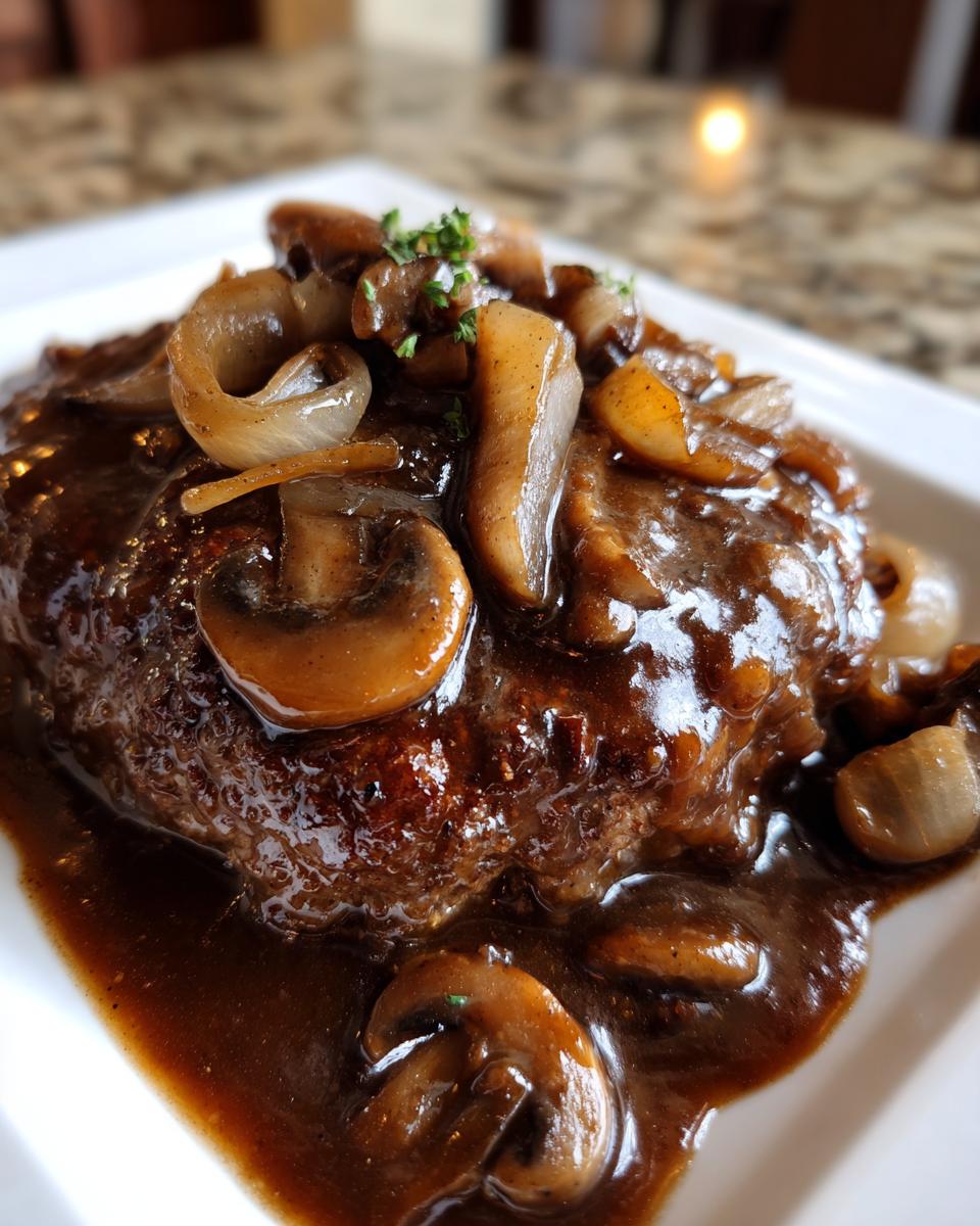Close-up of a juicy salisbury steak smothered in rich brown gravy, topped with sautéed mushrooms and onions.
