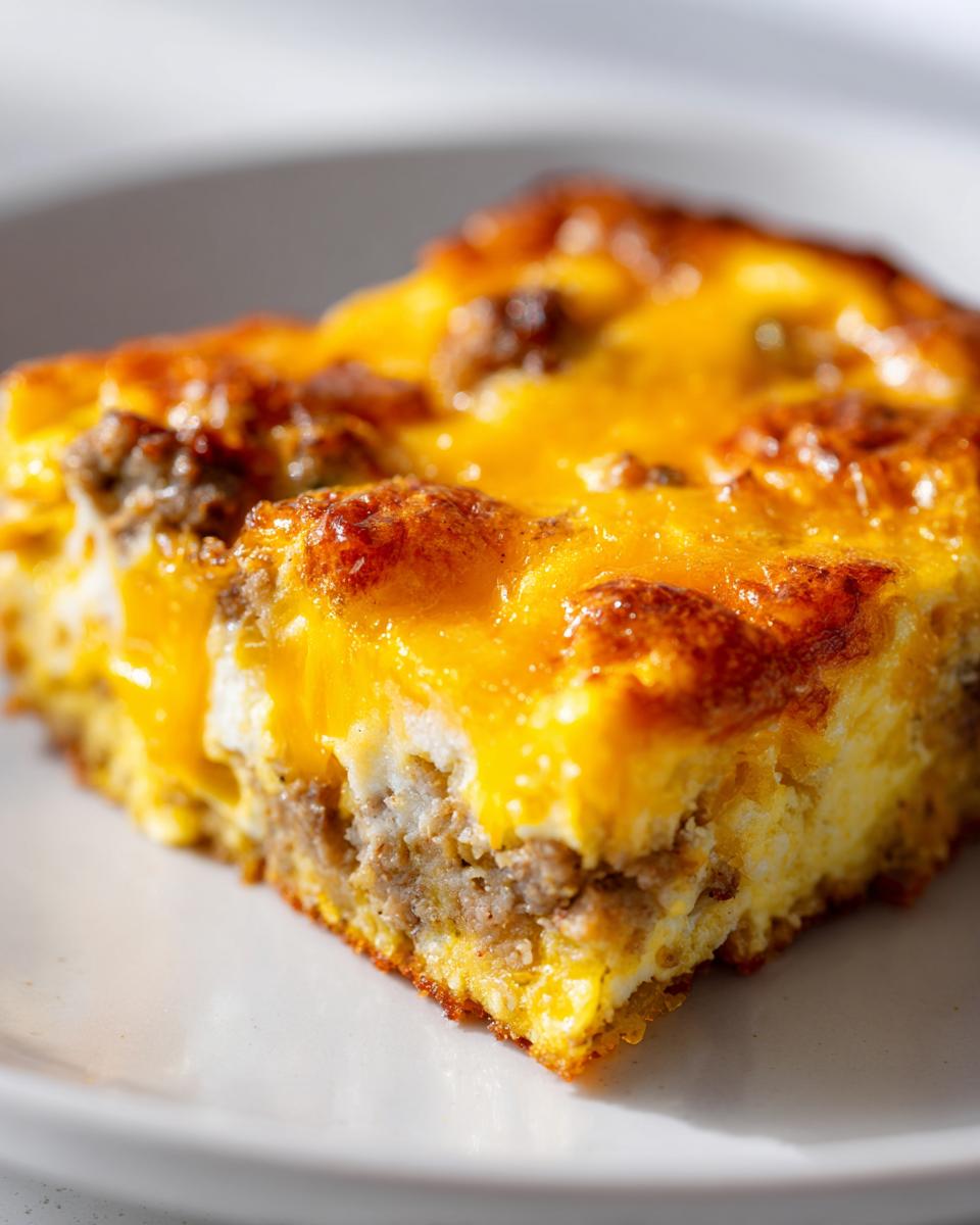 Close-up of a square slice of savory egg bake with sausage and melted, browned cheddar cheese topping.