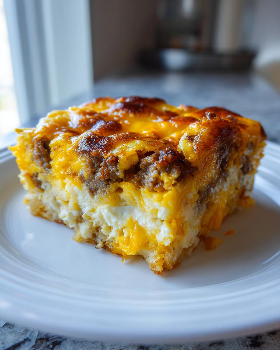 A close-up of a square slice of sausage and cheese egg bake with a golden, bubbly top, served on a white plate.