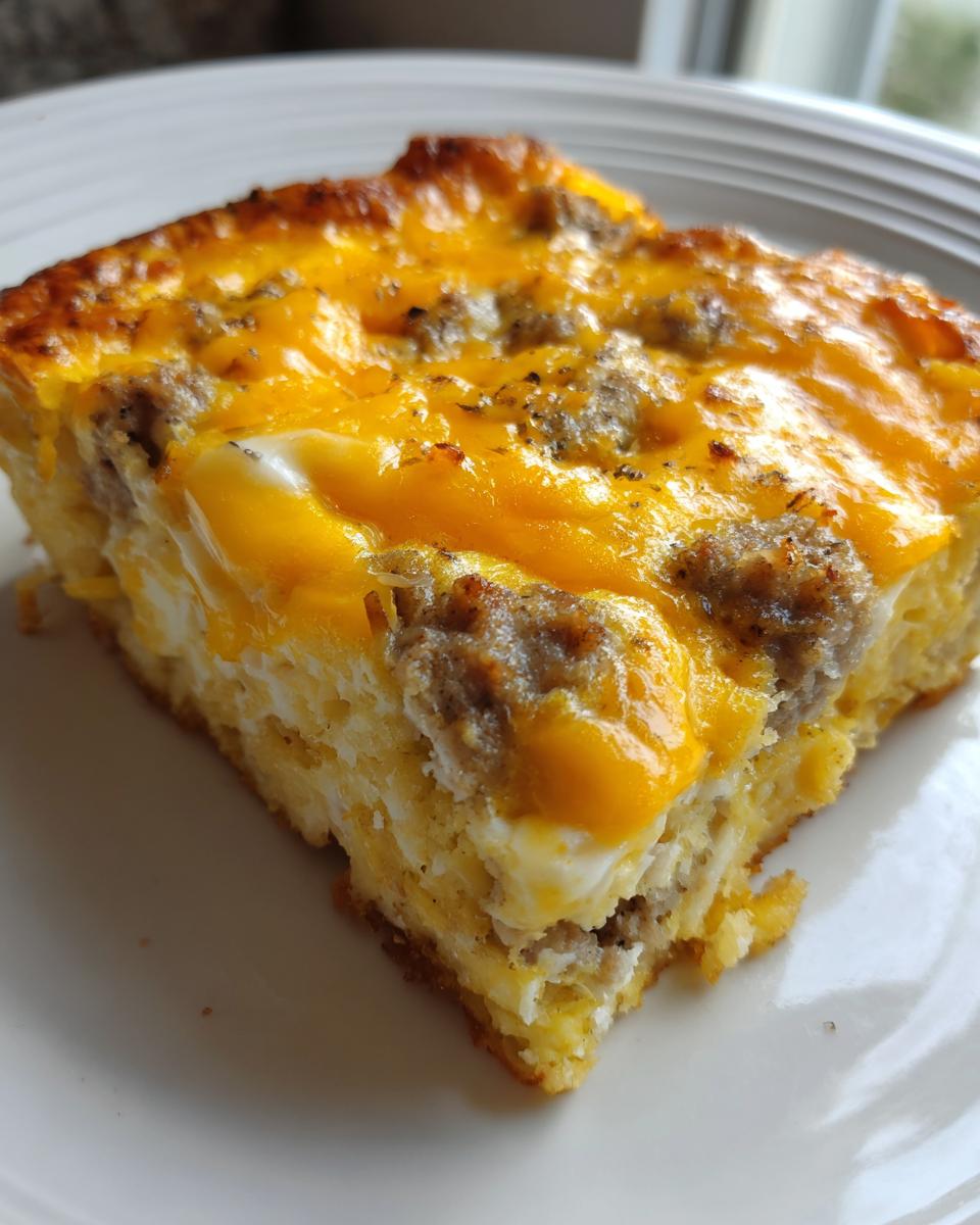 Close-up of a hearty slice of sausage and cheese egg bake showing golden melted cheese and visible sausage crumbles.