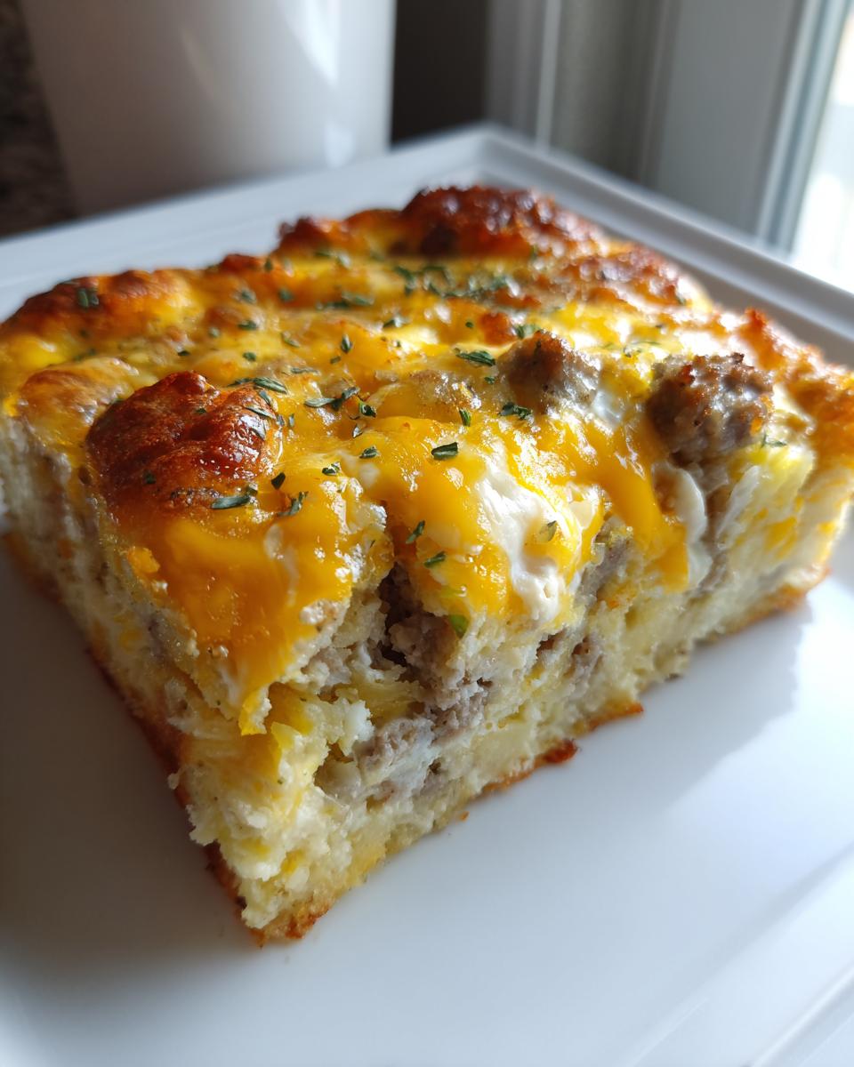 A close-up of a square slice of sausage and cheese egg bake on a white plate, showing melted cheese topping.