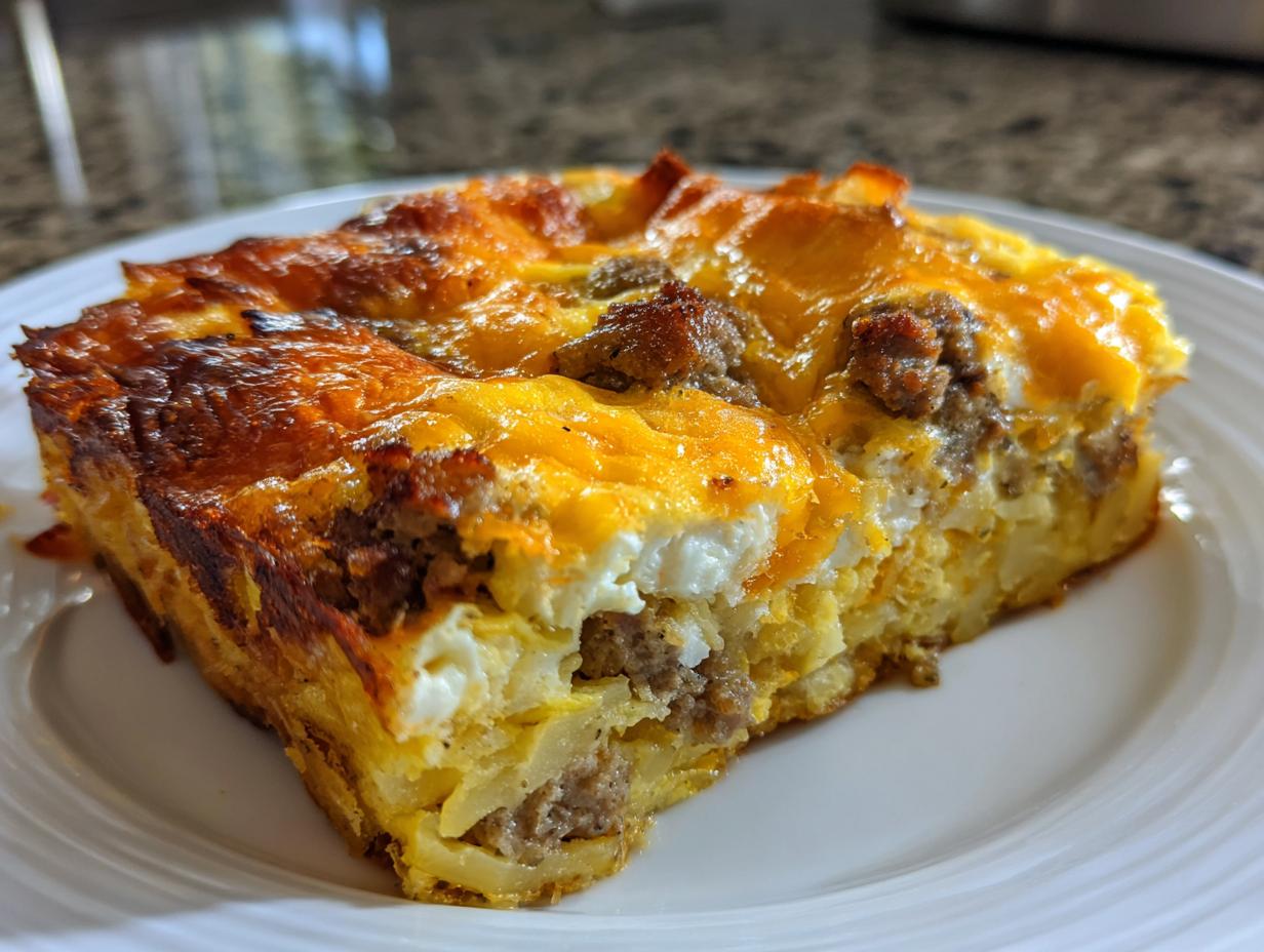 A hearty slice of sausage and potato egg bake with a golden, cheesy top served on a white plate.