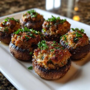 Six golden brown sausage stuffed mushrooms garnished with fresh parsley on a white platter.