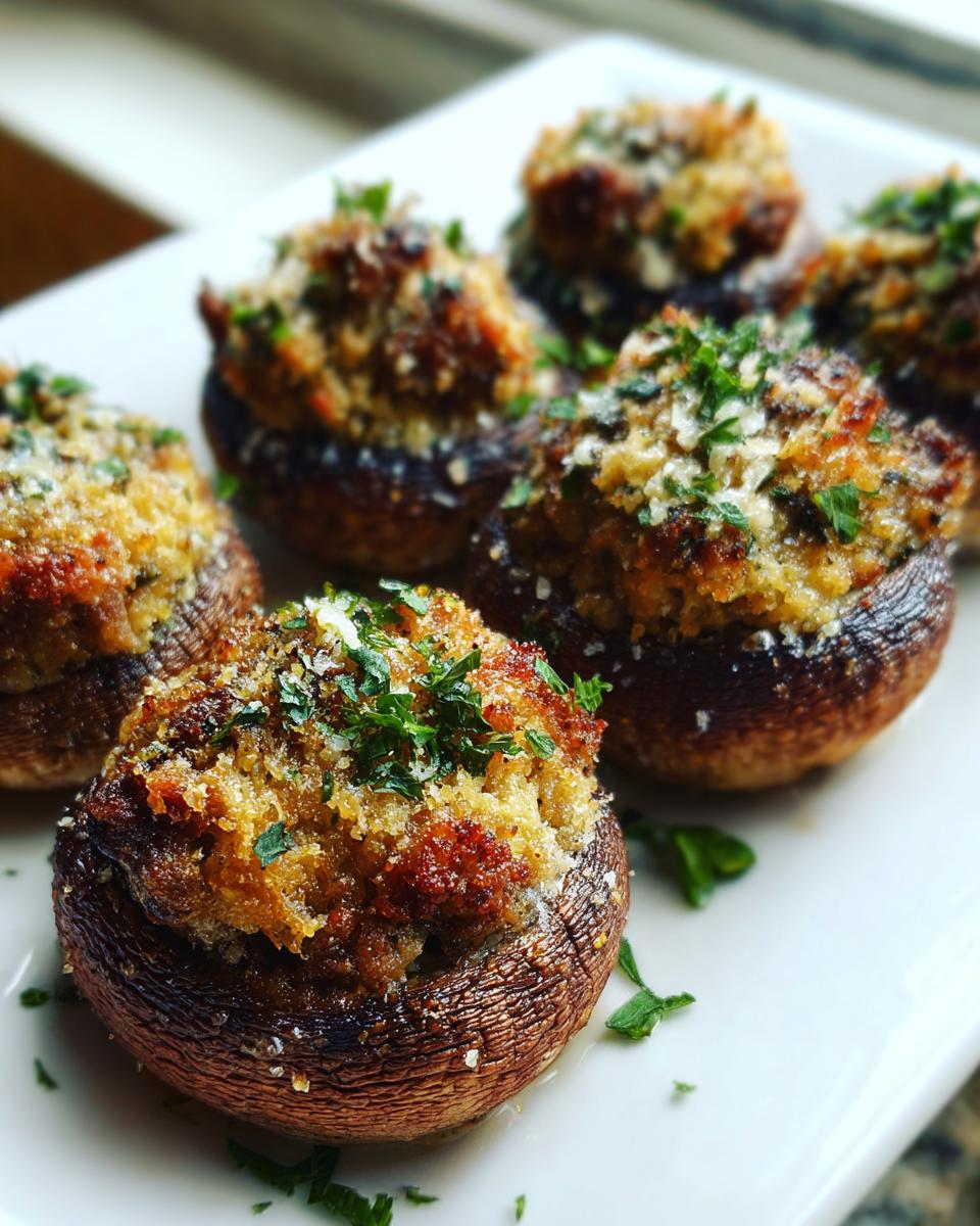 Close-up of several golden-brown sausage stuffed mushrooms topped with breadcrumbs and fresh parsley.