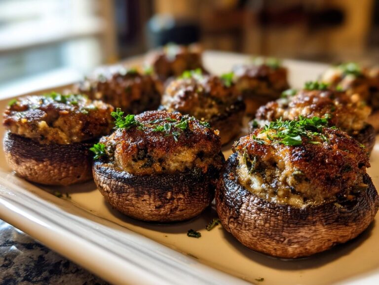 Close-up of several golden-brown sausage stuffed mushrooms garnished with fresh parsley on a white platter.
