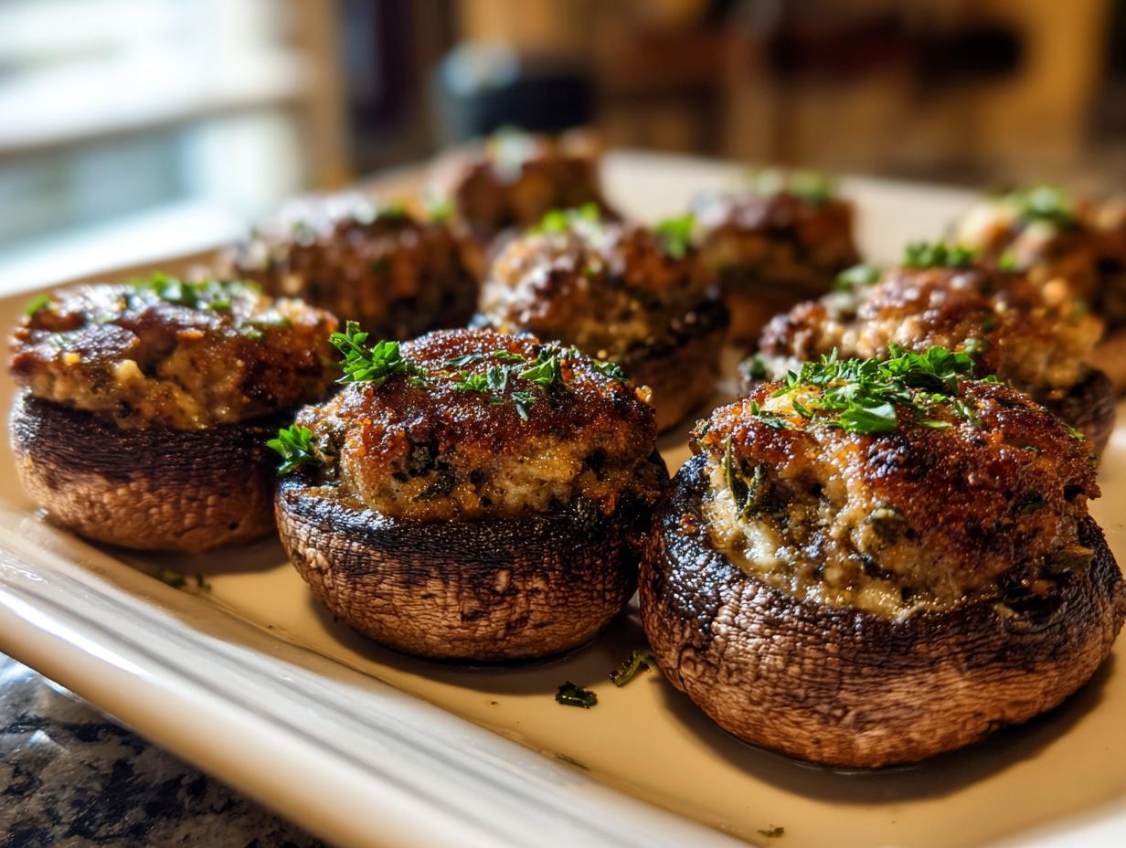 Close-up of several golden-brown sausage stuffed mushrooms garnished with fresh parsley on a white platter.