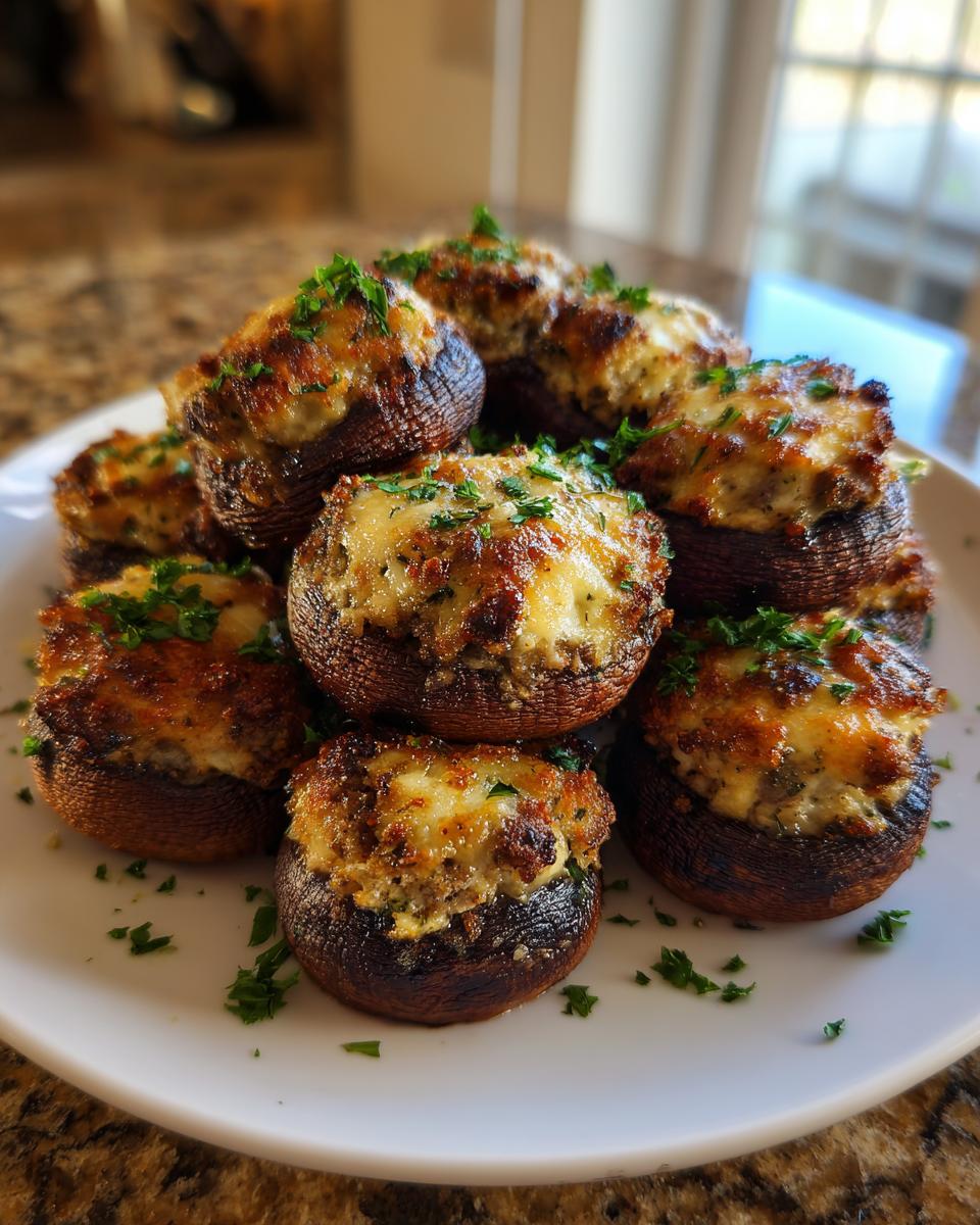 A white plate piled high with freshly baked sausage stuffed mushrooms, topped with melted cheese and fresh parsley.