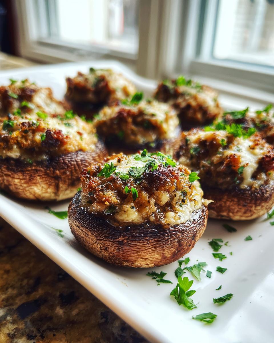 A close-up of several baked sausage stuffed mushrooms garnished with fresh chopped parsley on a white platter.