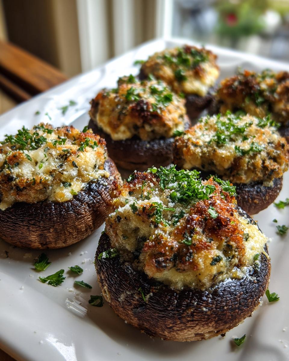 Close-up of baked sausage stuffed mushrooms topped with melted cheese and fresh parsley on a white serving dish.